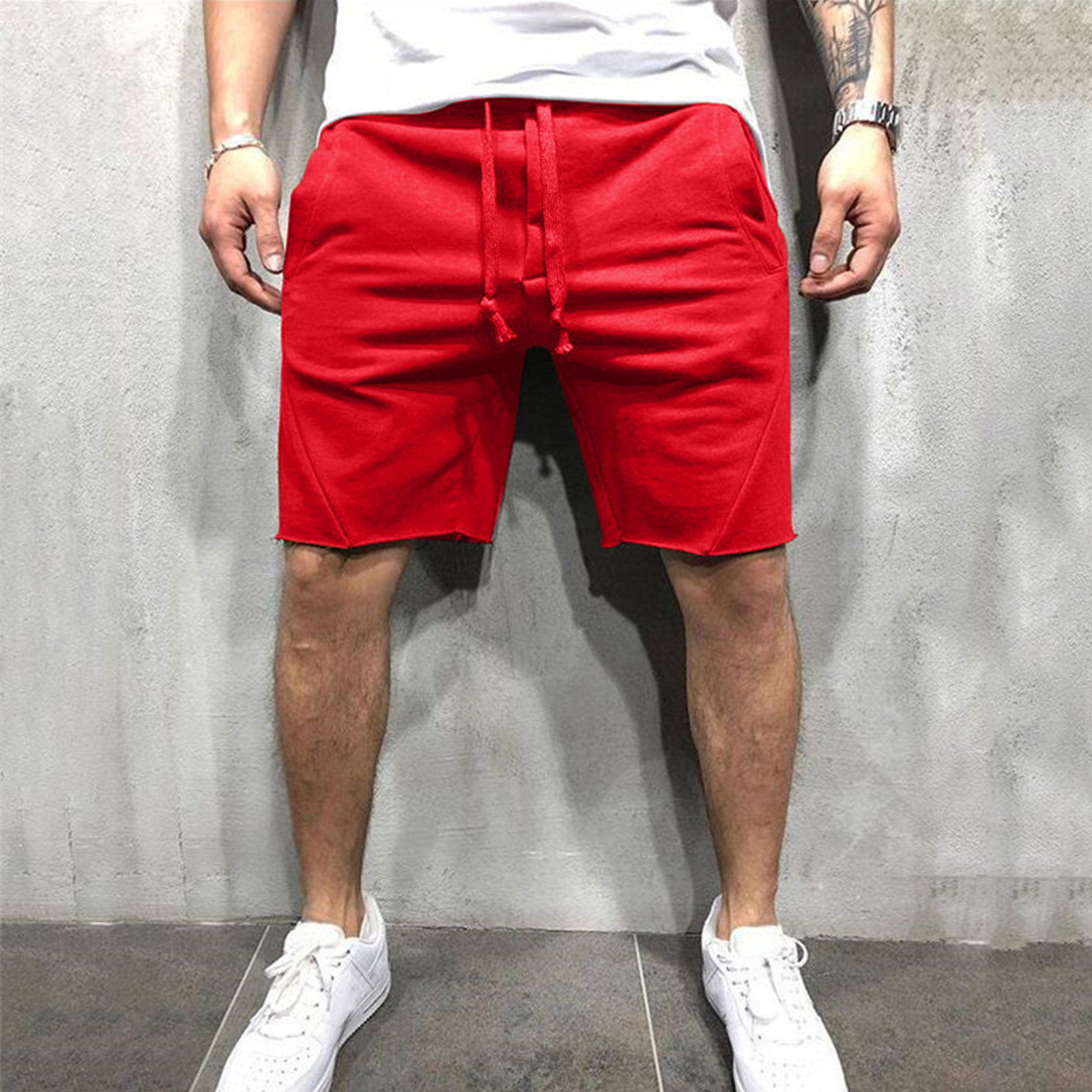 thumbnail image 2 of Pantalones cortos casuales de cintura media con cordón y bolsillo hasta la rodilla para hombre: poliéster/algodón, corte holgado, ropa deportiva de verano, 1 par, 2 of 6